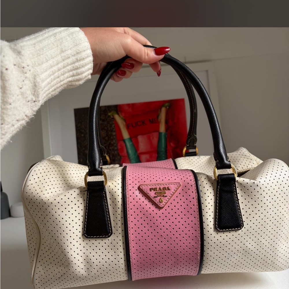 Prada Two-Tone Perforated Satchel - Pink, Cream & Black - Picture 4 of 8